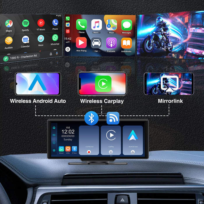 SCUMAXCON Portable Car Stereo Wireless CarPlay Android Auto 4K Dash Cam with Backup Cam Airplay Android Cast 10.26" IPS Touch Screen Loop Recording GPS Navigation Bluetooth FM AUX Built in Speaker