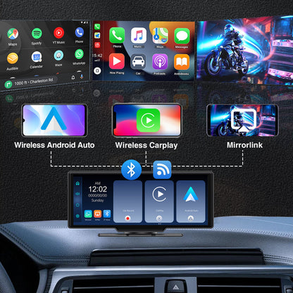 SCUMAXCON Portable Car Stereo Wireless CarPlay Android Auto 4K Dash Cam with Backup Cam Airplay Android Cast 10.26" IPS Touch Screen Loop Recording GPS Navigation Bluetooth FM AUX Built in Speaker