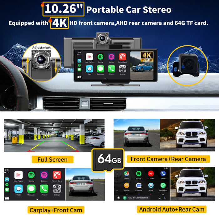 SCUMAXCON Portable Car Stereo Wireless CarPlay Android Auto 4K Dash Cam with Backup Cam Airplay Android Cast 10.26" IPS Touch Screen Loop Recording GPS Navigation Bluetooth FM AUX Built in Speaker