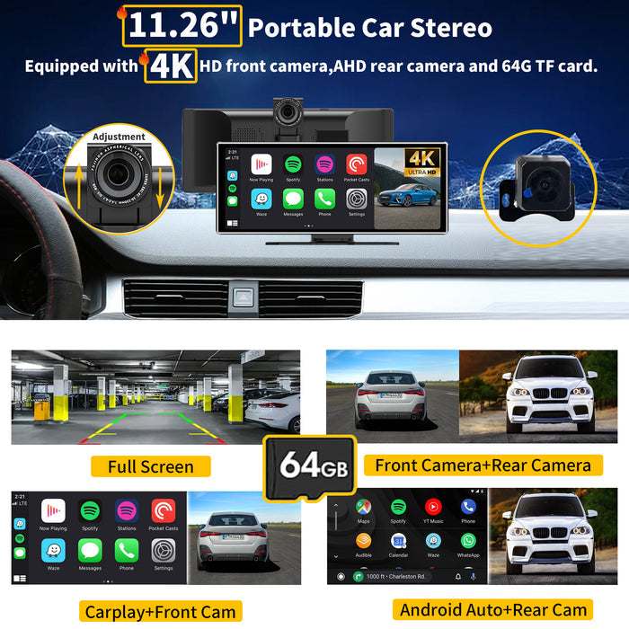 SCUMAXCON Portable Car Stereo Wireless CarPlay Android Auto 4K Dash Cam with Backup Cam Airplay 11.26" IPS Touchscreen Loop Recording GPS Navigation Bluetooth FM AUX Built in Speaker Miracast