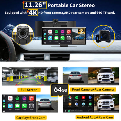 SCUMAXCON Portable Car Stereo Wireless CarPlay Android Auto 4K Dash Cam with Backup Cam Airplay 11.26" IPS Touchscreen Loop Recording GPS Navigation Bluetooth FM AUX Built in Speaker Miracast
