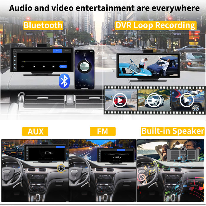 SCUMAXCON Portable Car Stereo Wireless CarPlay Android Auto 4K Dash Cam with Backup Cam Airplay Android Cast 10.26" IPS Touch Screen Loop Recording GPS Navigation Bluetooth FM AUX Built in Speaker