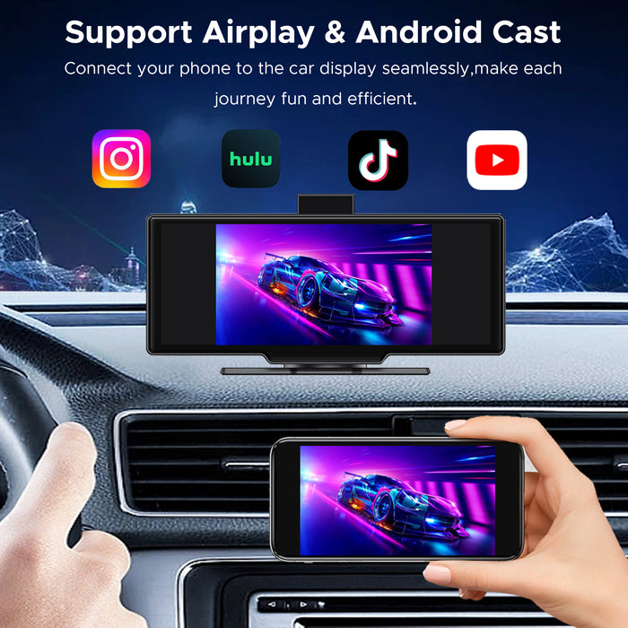 SCUMAXCON Portable Car Stereo Wireless CarPlay Android Auto 4K Dash Cam with Backup Cam Airplay Android Cast 10.26" IPS Touch Screen Loop Recording GPS Navigation Bluetooth FM AUX Built in Speaker