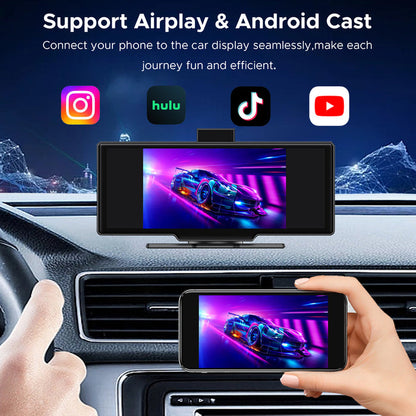 SCUMAXCON Portable Car Stereo Wireless CarPlay Android Auto 4K Dash Cam with Backup Cam Airplay Android Cast 10.26" IPS Touch Screen Loop Recording GPS Navigation Bluetooth FM AUX Built in Speaker