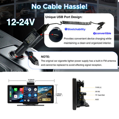 SCUMAXCON Portable Car Stereo Wireless CarPlay Android Auto 4K Dash Cam with Backup Cam Airplay Android Cast 10.26" IPS Touch Screen Loop Recording GPS Navigation Bluetooth FM AUX Built in Speaker
