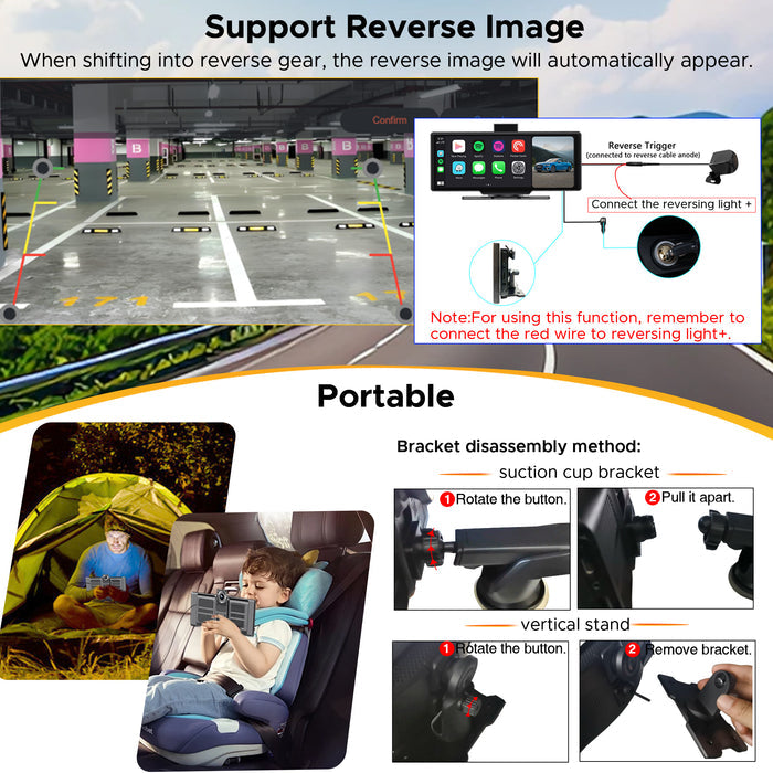 SCUMAXCON Portable Car Stereo Wireless CarPlay Android Auto 4K Dash Cam with Backup Cam Airplay Android Cast 10.26" IPS Touch Screen Loop Recording GPS Navigation Bluetooth FM AUX Built in Speaker