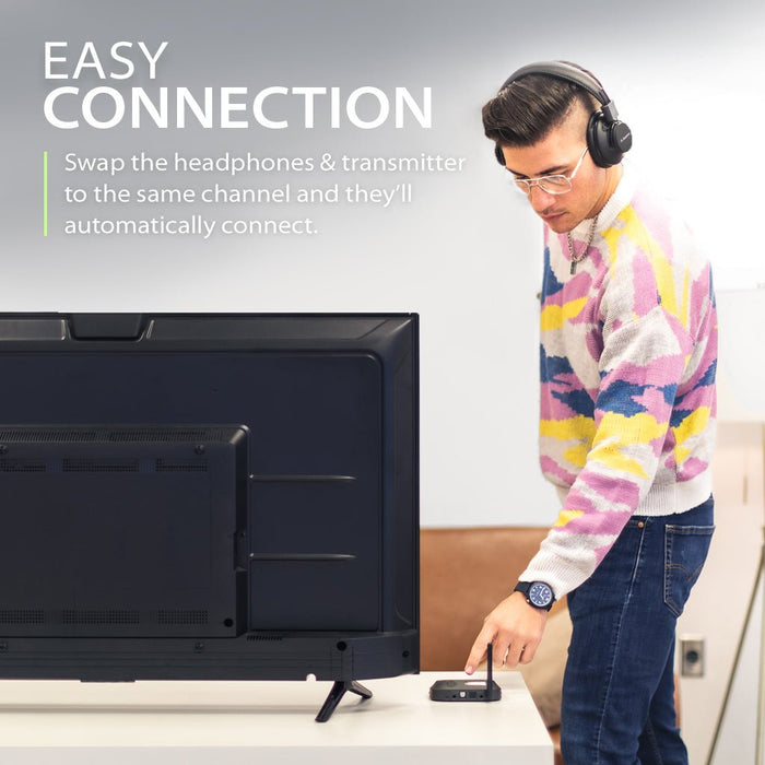 Shift Wireless Multi-Channel TV Headphone Set, switch between multiple TVs with cross-compatible headphones and transmitters.