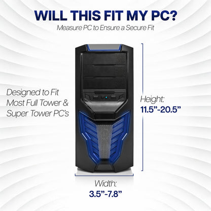 Computer tower with dimensions on a white background and text stating 'WILL THIS FIT MY PC?'.