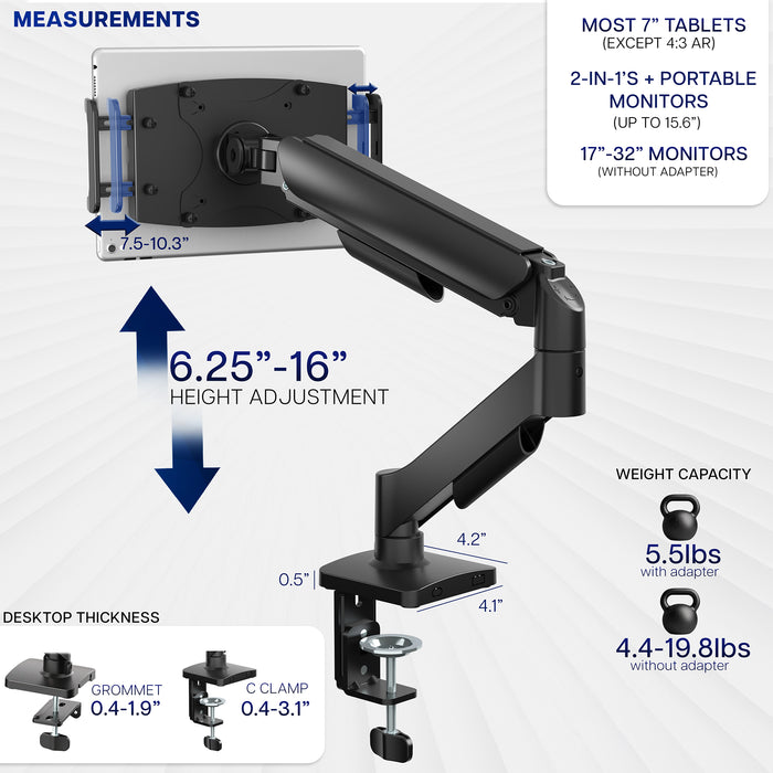 Single Mechanical Arm Desk Mount for Tablets, 2-in-1 Laptops, Portable Monitors with measurement details on a white background