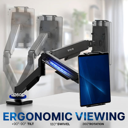 Articulating tablet holder on a blurred office background, emphasizing ergonomic viewing.