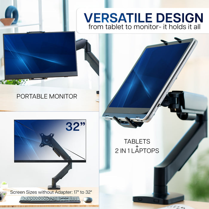 Portable monitor and tablet stand with adjustable arm in a home office setting