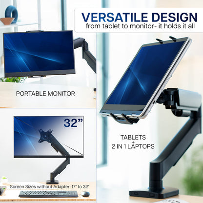 Portable monitor and tablet stand with adjustable arm in a home office setting