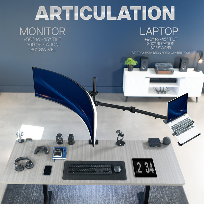 Desk setup with monitor and laptop on a mount, featuring articulation capabilities.