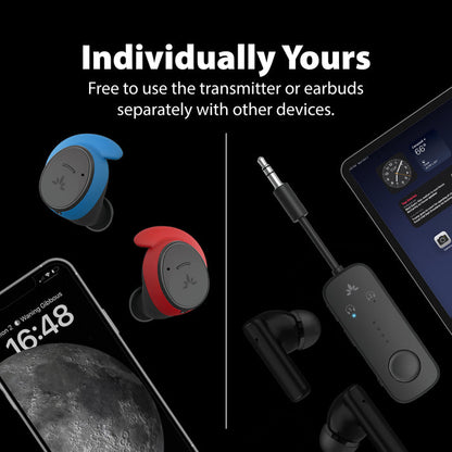 Sky Ace Travel Earbuds with Adapter Set for airplanes featuring separate earbud and transmitter pairing with Bluetooth and 3.5 mm AUX devices.
