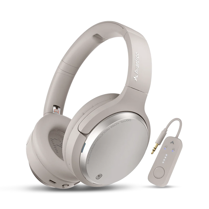Sky Eon Airplane Headphones with Bluetooth Adapter, wireless transmitter and noise-canceling headphones for in-flight audio, travel, calls, and TV use with plug-and-play setup.