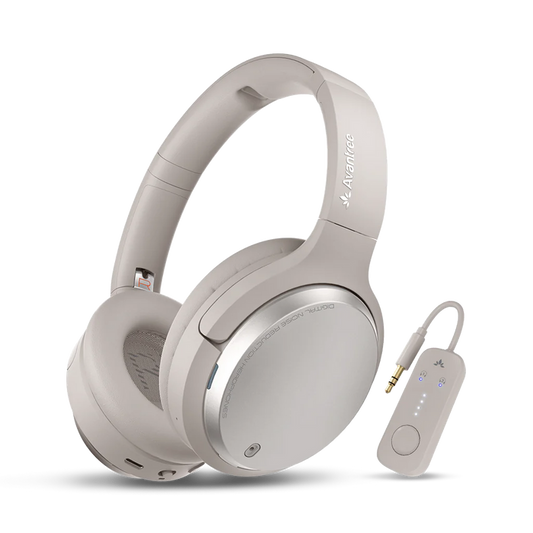 Sky Eon Airplane Headphones with Bluetooth Adapter, wireless transmitter and noise-canceling headphones for in-flight audio, travel, calls, and TV use with plug-and-play setup.