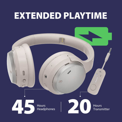 Sky Eon Airplane Headphones with Bluetooth Adapter, up to 45 hours headphone playtime and 20 hours adapter use.