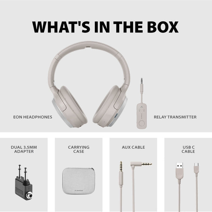 Sky Eon Airplane Headphones with Bluetooth Adapter, includes headphones, relay transmitter, dual AUX adapter, USB-C charging cable, AUX cable, and case.