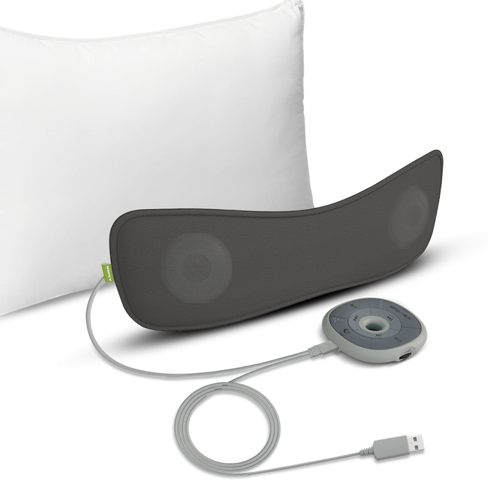 Slumber Bluetooth Pillow Sleep Headphones with MP3 Player, outlet powered, built-in white noise and micro SD support for custom audio files.