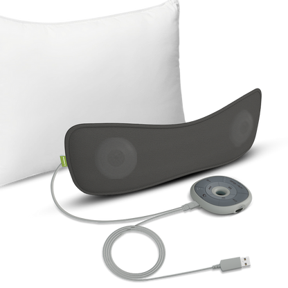 Slumber Bluetooth Pillow Sleep Headphones with MP3 Player, outlet powered, built-in white noise and micro SD support for custom audio files.