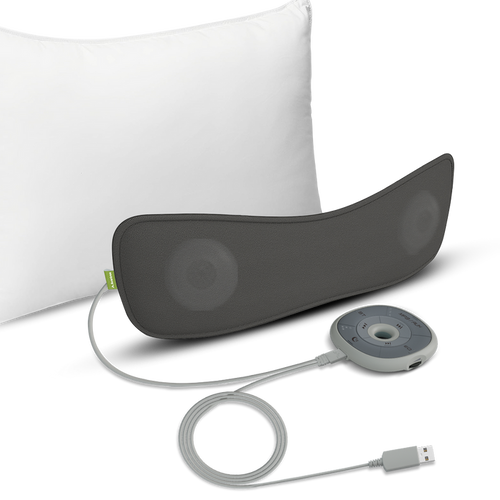 Slumber Bluetooth Pillow Sleep Headphones with MP3 Player, outlet powered, built-in white noise and micro SD support for custom audio files.