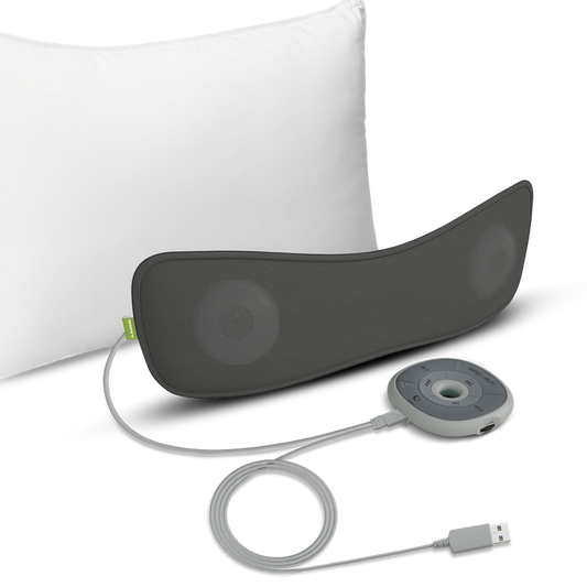 Slumber Bluetooth Pillow Sleep Headphones with MP3 Player, outlet powered, built-in white noise and micro SD support for custom audio files.