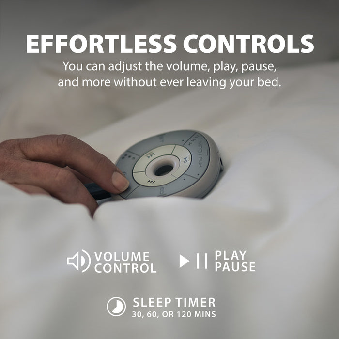 Slumber Bluetooth Pillow Sleep Headphones with MP3 Player, outlet powered, featuring play and pause button, volume control,  nd sleep timer