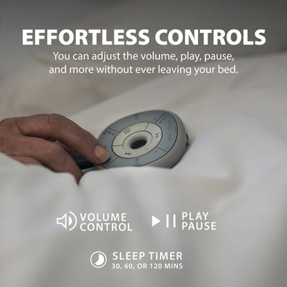Slumber Bluetooth Pillow Sleep Headphones with MP3 Player, outlet powered, featuring play and pause button, volume control,  nd sleep timer