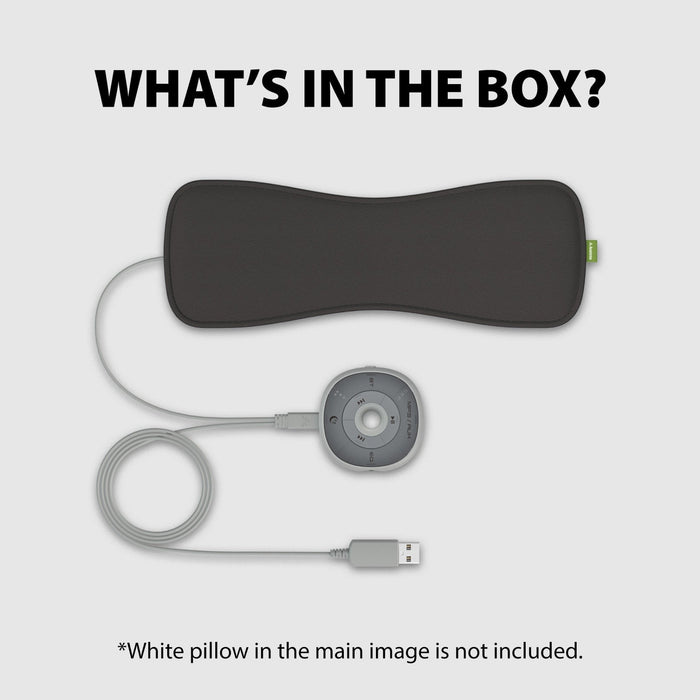 Slumber Bluetooth Pillow Sleep Headphones with MP3 Player, outlet powered, includes Slumber Cushion, speakers, remote control, and 3.5mm AUX cable.