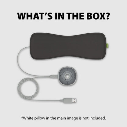 Slumber Bluetooth Pillow Sleep Headphones with MP3 Player, outlet powered, includes Slumber Cushion, speakers, remote control, and 3.5mm AUX cable.