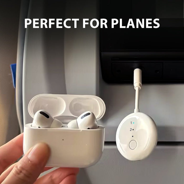SoundJet R1 Airplane Bluetooth Adapter for Headphones and AirPods, compact metal design for travel, flights, and everyday use.