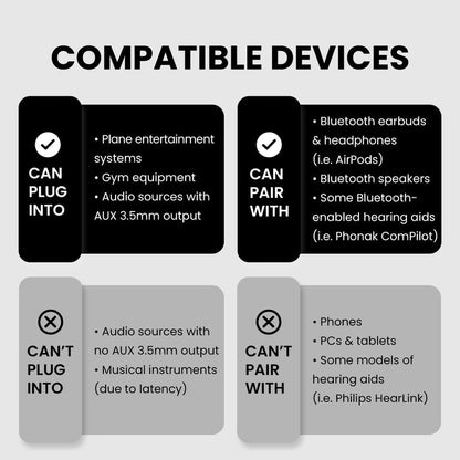 SoundJet R2 Bluetooth Adapter for Airplane, streams any 3.5mm audio source to Bluetooth headphones and earbuds; not for phones, pc or musical instruments.