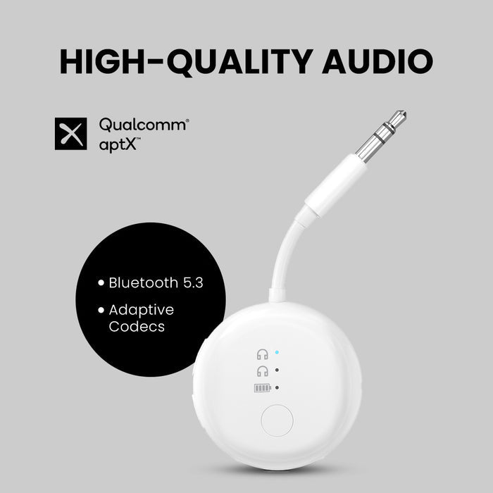 SoundJet R1 Airplane Bluetooth Adapter for Headphones and AirPods, Qualcomm aptX Adaptive and aptX HD , Bluetooth 5.3, high-quality audio