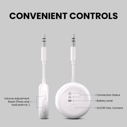 SoundJet R1 Airplane Bluetooth Adapter for Headphones and AirPods, convenient controls with independent volume, LED indicators, and on/off/pairing buttons.