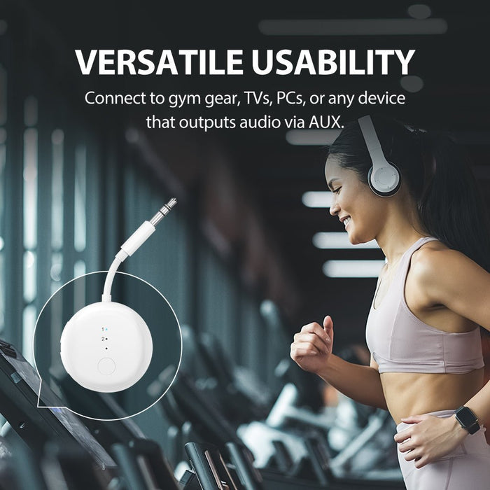 SoundJet R1 Airplane Bluetooth Adapter for Headphones and AirPods, connects to gym equipment, TVs, PCs, and any device with AUX audio output.