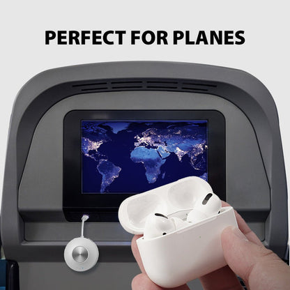 SoundJet R2 Bluetooth Adapter for Airplane, PC, Gym, and PS5, connects Bluetooth headphones to in-flight entertainment.