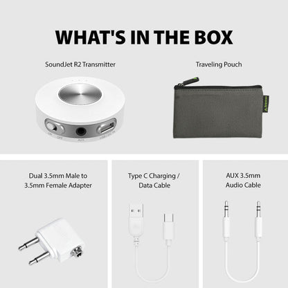 SoundJet R2 Bluetooth Adapter for Airplane, PC, Gym, and PS5, includes transmitter, pouch and cable for set-up