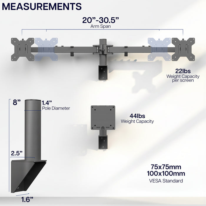 Telescoping Dual Monitor Wall Mount + Single Ultrawide Monitor Wall Mount Measurements