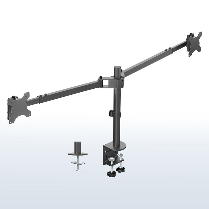Telescoping Dual Ultrawide Monitor Desk Mount - Up to 45" Screens on a white and blue gradient background