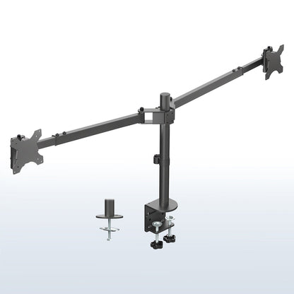 Telescoping Dual Ultrawide Monitor Desk Mount - Up to 45" Screens on a white and blue gradient background