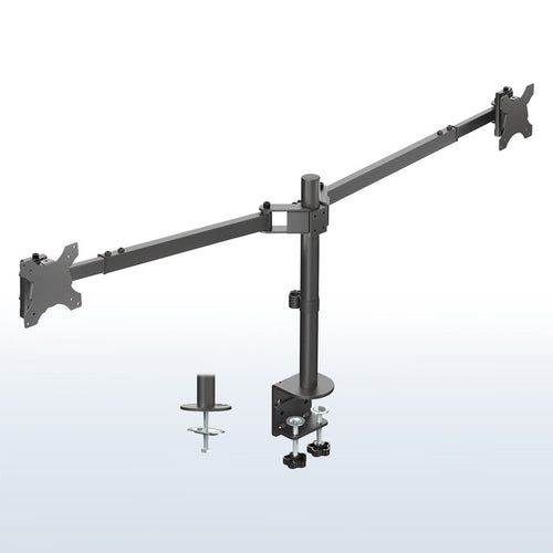 Telescoping Dual Ultrawide Monitor Desk Mount - Up to 45" Screens on a white and blue gradient background