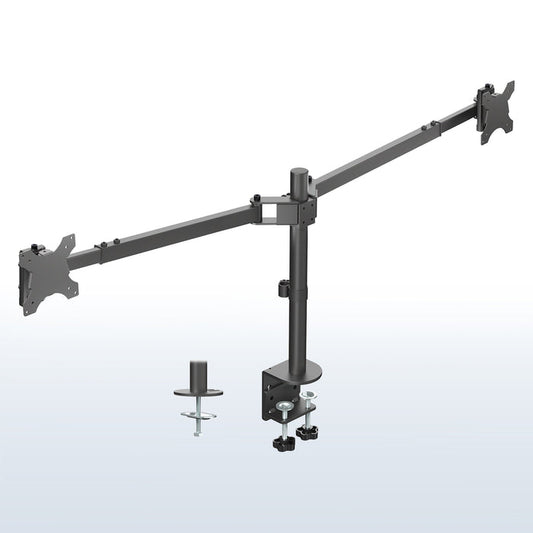 Telescoping Dual Ultrawide Monitor Desk Mount - Up to 45" Screens on a white and blue gradient background