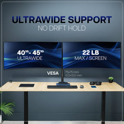Telescoping Dual Ultrawide Monitor Desk Mount shown with two monitors on desk with text about ultrawide support and screen weight.