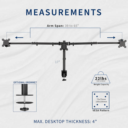 Telescoping Triple Monitor Desk Mount - Up to 38" Screens
