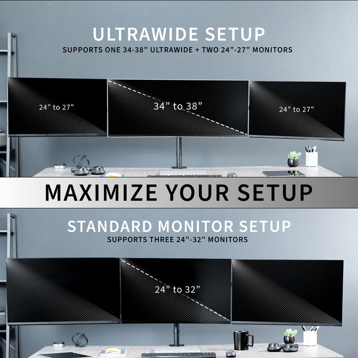 Telescoping Triple Monitor Desk Mount - Up to 38" Screens