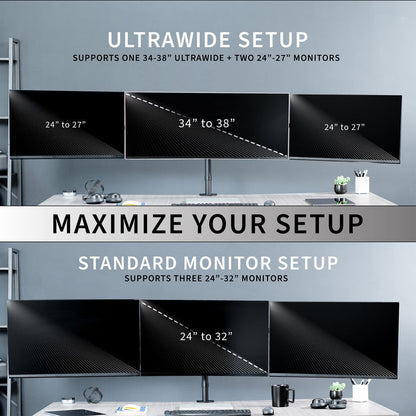 Telescoping Triple Monitor Desk Mount - Up to 38" Screens