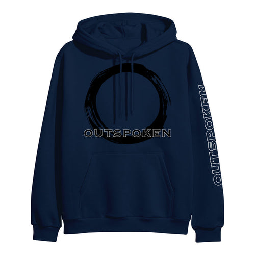 Outspoken navy blue heavyweight pullover hoodie with a large black circle and OUTSPOKEN on the chest. Made from ring-spun cotton, it features a fleece-lined hood and bold OUTSPOKEN print down the left sleeve.