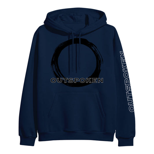 Outspoken navy blue heavyweight pullover hoodie with a large black circle and OUTSPOKEN on the chest. Made from ring-spun cotton, it features a fleece-lined hood and bold OUTSPOKEN print down the left sleeve.