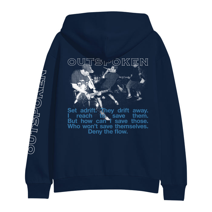 Outspoken heavyweight navy pullover hoodie with band name on sleeve and back, black-and-white live band photo, printed lyrics, and a fleece-lined hood. Made from soft ring-spun cotton for comfort.