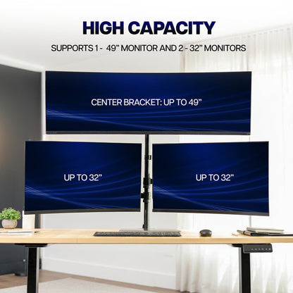 Triple Monitor Desk Mount (2 Mechanical Arms + 1 Fixed) - 32” / 49" Screens